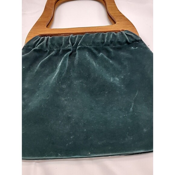 Vintage Holiday Fair Green Canvas Bag Purse Floral Embroidery Wood Handles - Picture 16 of 16
